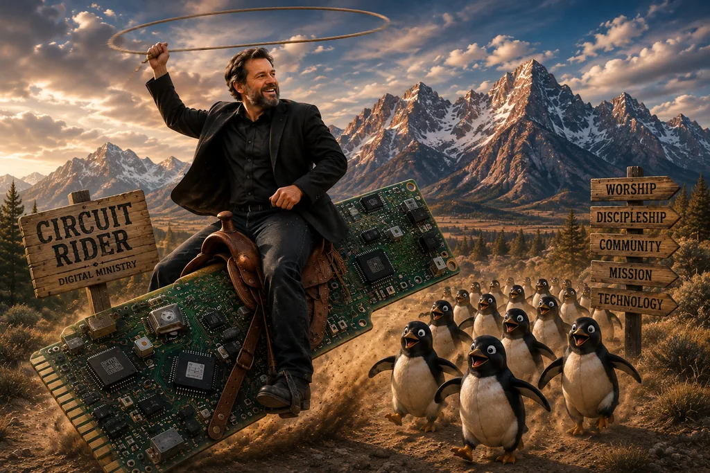 A circuit rider on a circuit-board horse leading penguins through the mountains, beside signs for worship, discipleship, community, mission, and technology